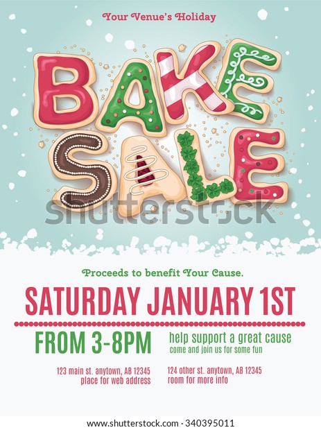 Christmas holiday bake sale flyer template with\
hand drawn cookie\
letters