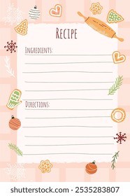 Christmas holiday baking recipe template with rolling pin, fir branches and gingerbread cookies. Copy space for ingredients and instructions. Vector cozy illustration.