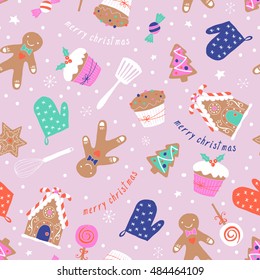 Christmas holiday baking seamless pattern with gingerbread cookies. Hand drawing vector illustration