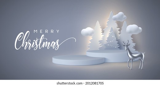 Christmas holiday banner with 3d podium, fir-tree, clouds and glossy metallic deer. New year background. Vector illustration.