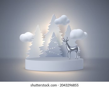Christmas holiday banner with 3d podium, fir-tree, clouds and glossy metallic deer. New year background. Vector illustration.