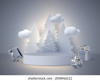 Cartel de Navidad con 3d podio, abeto, nubes y cajas de regalo. Antecedentes de Año Nuevo. Ilustración vectorial.