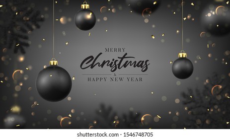 Christmas holiday banner with black balls. Vector illustration with realistic balls, snowflakes, confetti and bokeh with blur effect on black background.