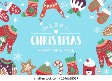 Christmas holiday banner design with cute sweater, cookies and hot chocolate cup. Childish print for cards, poster and party invitations. Vector illustration