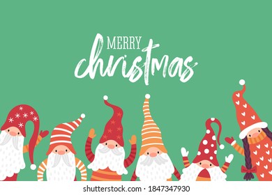 Christmas holiday banner design with cute Scandinavian gnome characters. Childish print for cards, poster and party invitation. Vector Illustration