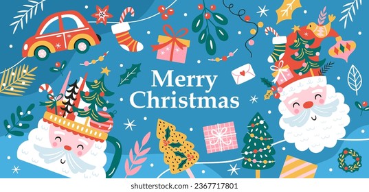 Christmas holiday banner design with cute elements. Hand drawn print for greeting cards, stickers and party invitations