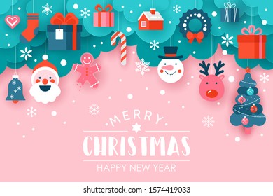 Christmas holiday banner design with paper cut elements  background. Vector illustration