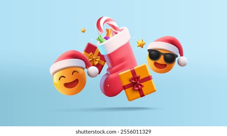 Christmas holiday banner with funny emoji characters, gift, Christmas sock with sweets, 3D. Merry winter holiday celebration. Vector illustration.