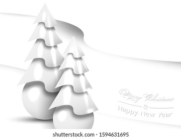 Christmas holiday banner and Happy New Year. 3D white paper style, white trees and snowy background. Copy space. Vector illustration