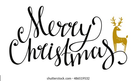 Christmas Holiday banner. Merry Christmas handwritten black brushed, calligraphy text, lettering. Deer isolated on white background. Vector design