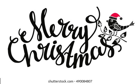 Christmas Holiday banner. Merry Christmas handwritten black brushed, calligraphy text, lettering. Bullfinch bird hand drawn isolated on white background. Vector design