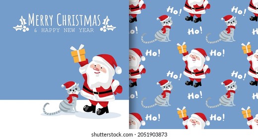 Christmas holiday banner with Merry Christmas and Happy New year text with holly berry branch and seamless pattern of Santa Claus hold a gift box and a cat wear Santa hat on light blue background.