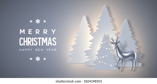 Christmas holiday banner with paper cut style fir-tree, glowing lights and glossy metallic deer. New year background. Vector illustration.