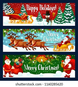 Christmas holiday banner with Santa Claus sleigh and New Year gift. Xmas tree with bell, ball and snowflake, Santa, snowman, present and reindeer greeting card, adorned by holly berry, candy and star