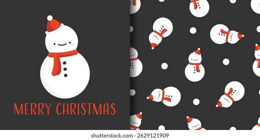 Natal banner feriado e padrão sem costura de bonitinho bonitinho de neve usando cachecol vermelho e chapéu de Papai Noel em fundo preto com flocos de neve. Ilustração vetorial para feriados de inverno.