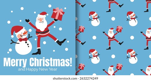 Christmas holiday banner and seamless pattern of Santa Claus holding gift boxes with snowman and Merry Christmas text on light blue background with snowflakes. Vector illustration for winter holidays.