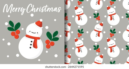 Natal banner feriado e padrão sem costura de bonitinho bonitinho de neve vestindo cachecol vermelho e chapéu de Papai Noel no fundo cinza claro com Holly bagas e flocos de neve. Ilustração vetorial para feriados de inverno.
