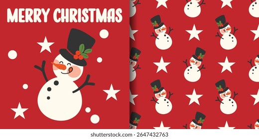 Christmas holiday banner and seamless pattern of cute snowman wearing black hat decorated with holly branches on red background with stars. Vector illustration for winter holidays.