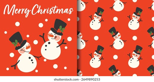 Christmas holiday banner and seamless pattern of cute snowman wearing black hat decorated with holly branches on orange background with snowflakes. Vector illustration for winter holidays.