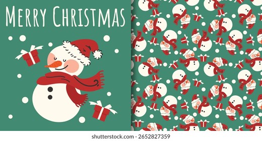 Christmas holiday banner and seamless pattern of cute snowman wearing Santa hat and red scarf, gift boxes and snowflakes on green background. Vector illustration for winter holidays.