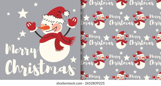 
Christmas holiday banner and seamless pattern of cute snowman wearing Santa hat and red scarf with Merry Christmas text and stars on light gray background. Vector illustration for winter holidays.
