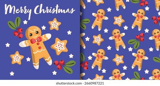 Navidades Anuncio de vacaciones y patrón sin fisuras de pan de jengibre con cintas rojas, galletas de estrellas, baya de acebo y Pequeñas estrellas blancas sobre fondo azul. Ilustración vectorial para las vacaciones de invierno.