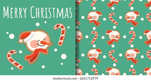 Christmas holiday banner and seamless pattern of snowman cookies, candy cane cookies and white snowflakes on green background. Vector illustration for winter holidays.