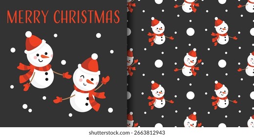 Navidades Anuncio de vacaciones y patrón sin fisuras de muñeco de nieve lindo con bufanda roja y sombrero de Santa sobre fondo negro con copos de nieve. Ilustración vectorial para las vacaciones de invierno.