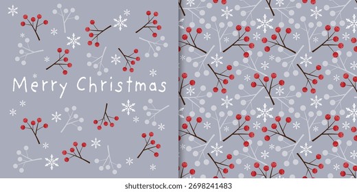Weihnachtsfeiertagsbanner und nahtloses Muster aus süßen Holly Beere Zweigen mit Schneeflocken auf grauem Hintergrund. Frohe Weihnachtstext, Für Winterferien Saison. Vektorgrafik.
