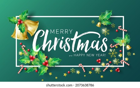 Christmas holiday banner with season wishes decorated by Christmas ornaments on green background. Suitable for social media post, banner design and web internet ads. Vector Illustration.