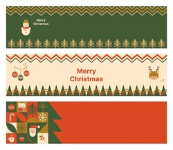 Christmas Holiday Banner Set With Geometric Mosaic Elements, Winter Festive Symbols, Santa, Christmas Tree In Vector Illustration. Horizontal Poster In Minimalist Adstract New Year Flat Design.