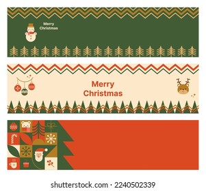 Christmas holiday banner set with geometric mosaic elements, winter festive symbols, Santa, Christmas tree in vector illustration. Horizontal poster in minimalist adstract New Year flat design.