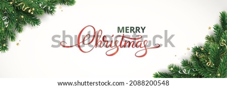 Christmas holiday banner. Christmas tree corner decoration. Ribbons and confetti. Fir tree branches. Hand drawn lettering. Realistic vector. For New year, winter season headers, cards, party posters.