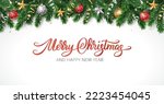 Christmas holiday banner. Christmas tree frame with ornaments. Gold and red glitter decoration. Merry Christmas hand written text. For holiday headers, cards, party posters.