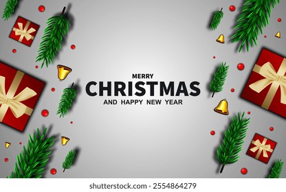 Christmas holiday banner. Christmas tree frame with ornaments. Handwritten text Merry Christmas. For holiday headlines.