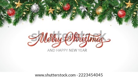 Christmas holiday banner. Christmas tree frame with ornaments. Gold and red glitter decoration. Merry Christmas hand written text. For holiday headers, cards, party posters. 商業照片 © 