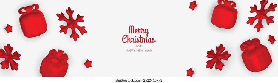 Christmas holiday banner. Christmas tree and xmas ball, gift, snowflakes. Gold and red glitter decoration. For holiday headers, cards, party posters.