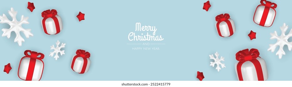 Christmas holiday banner. Christmas tree and xmas ball, gift, snowflakes. Gold and red glitter decoration. For holiday headers, cards, party posters.