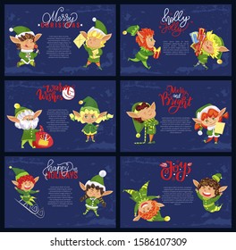 Christmas holiday banners, elves or Santa helpers with Xmas gifts vector. Magic dwarfs with presents, sledging on sleighs, lollipops and letters, wish list. Winter celebrations vector. Green dwarf