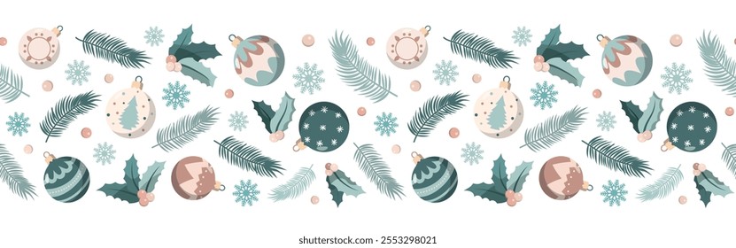 Christmas holiday baubles and fir branches horizontal border pattern. Vector illustration for Christmas and New Year. Isolated on white background