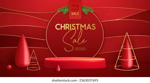 Christmas holiday big sale banner with 3d podium, Christmas tree and wave sparkle background. Vector illustration