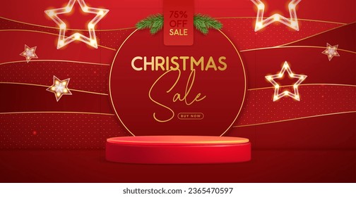 Christmas holiday big sale banner with 3d podium, Christmas stars and wave sparkle background. Vector illustration