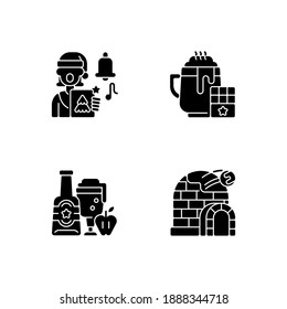Christmas holiday black glyph icons set on white space. Singing carols. Hot chocolate. Apple cider. Ice igloo. Winter season. Festive treats. Silhouette symbols. Vector isolated illustration