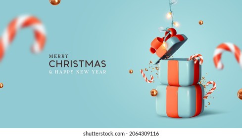 Christmas holiday blue Open gift box with red candy cane. Realistic 3d gifts boxes. New year banner, web poster, flyer, stylish brochure, greeting card. Xmas surprise background. Vector illustration