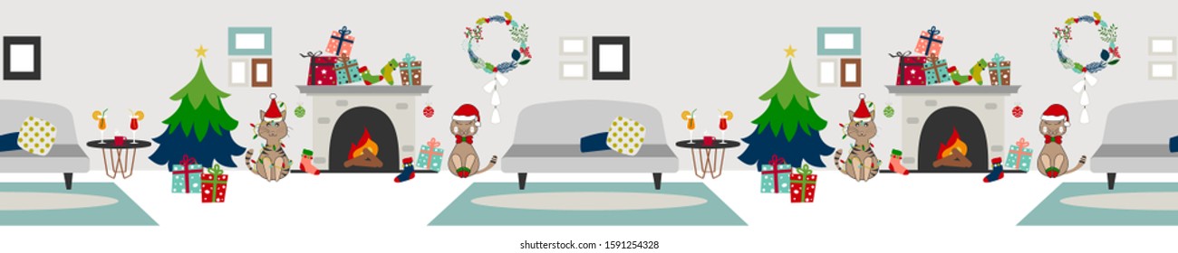 Christmas holiday border, banner background, living room with fireplace, divan, Christmas tree gift boxes and cute cats seamless horizontal pattern vector design