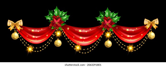 Christmas holiday border, golden winter decoration, yellow bow, vector x-mas ribbon curtain frame. Festive celebration garland, evergreen plant on black, poinsettia leaf holly. Christmas border header