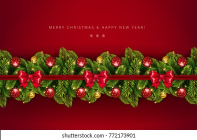 Christmas holiday border with realistic fir tree branches , balls, stars and other ornaments and decorations, isolated on rich red.  Vector stock illustration
