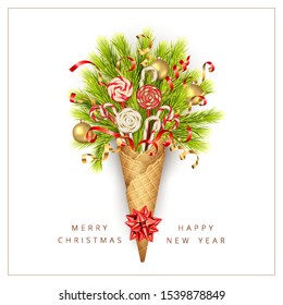 Christmas holiday bouquet of pine branches, Christmas decorations and candy in a waffle cone