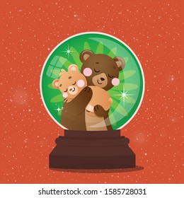 Christmas holiday bowl with mom and baby bears on red background
