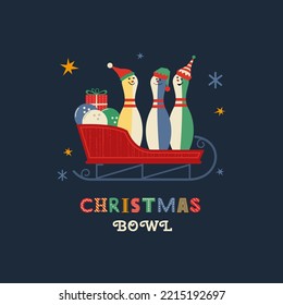 Christmas holiday bowling fancy flat color vector icon. Funny Bowling pin in Elf hat cartoon design element. Bowl club xmas holiday invitation template. Festive Christmas party background illustration